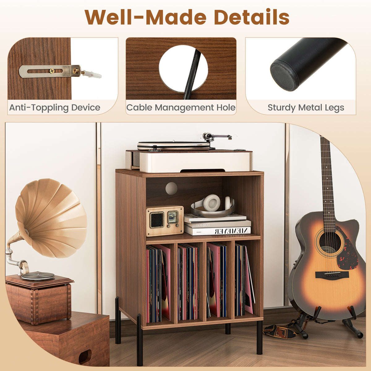 Record Player Stand with Charging Station, Turntable Stand Holds Up to 150 Albums