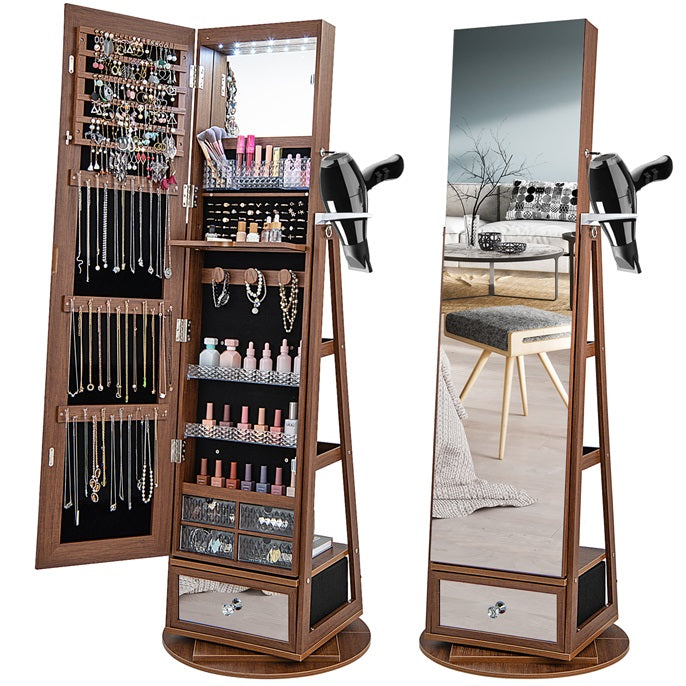 360 Rotating Jewelry Cabinet with Full Length Mirror, Standing LED Jewelry Armoire