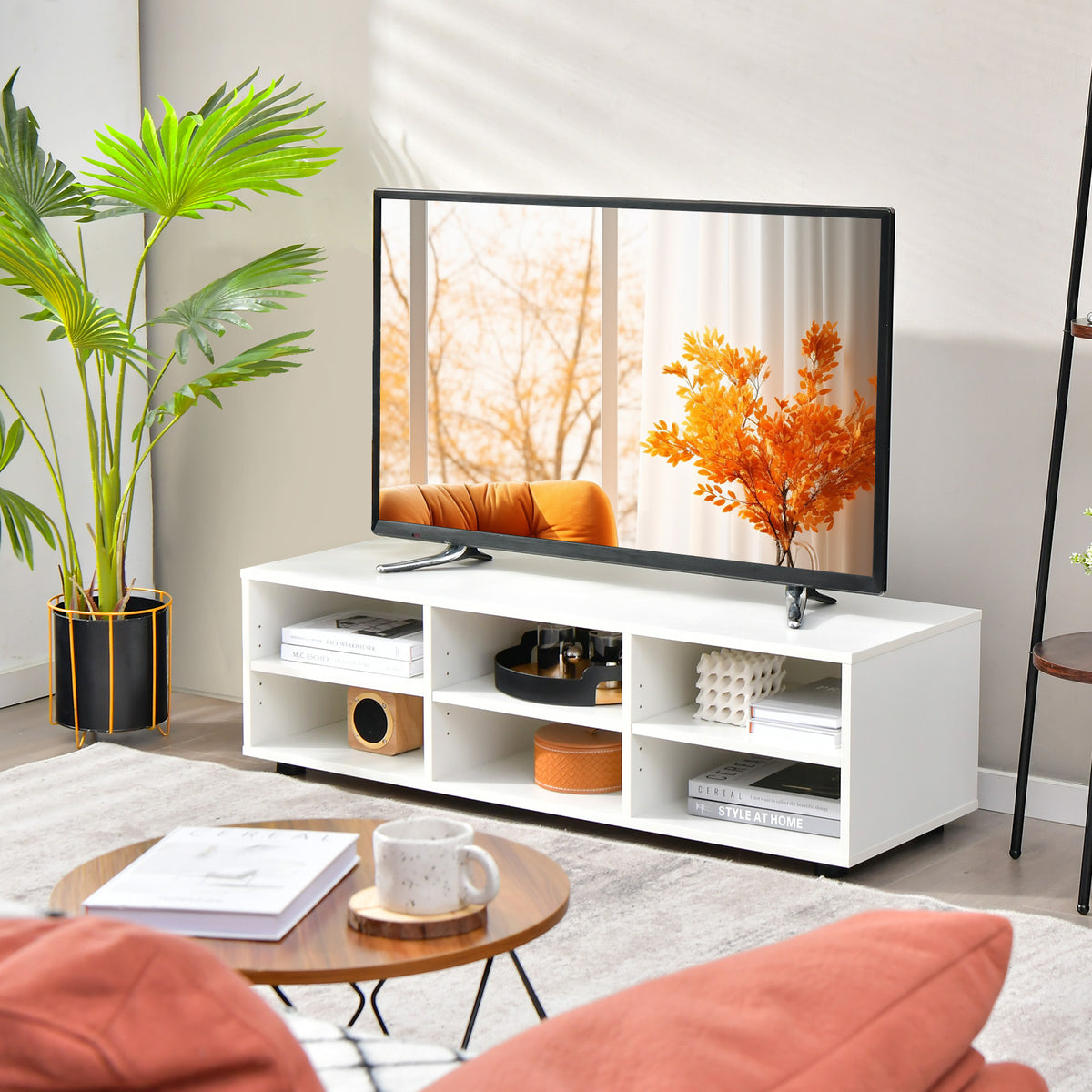 6-Cubby TV Stand for TVs up to 50 Inches, White TV Console Table with Adjustable Shelves