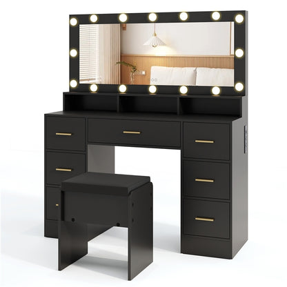 Makeup Vanity Set with Mirror and Lights, Large Dressing Table Set with Charging Station