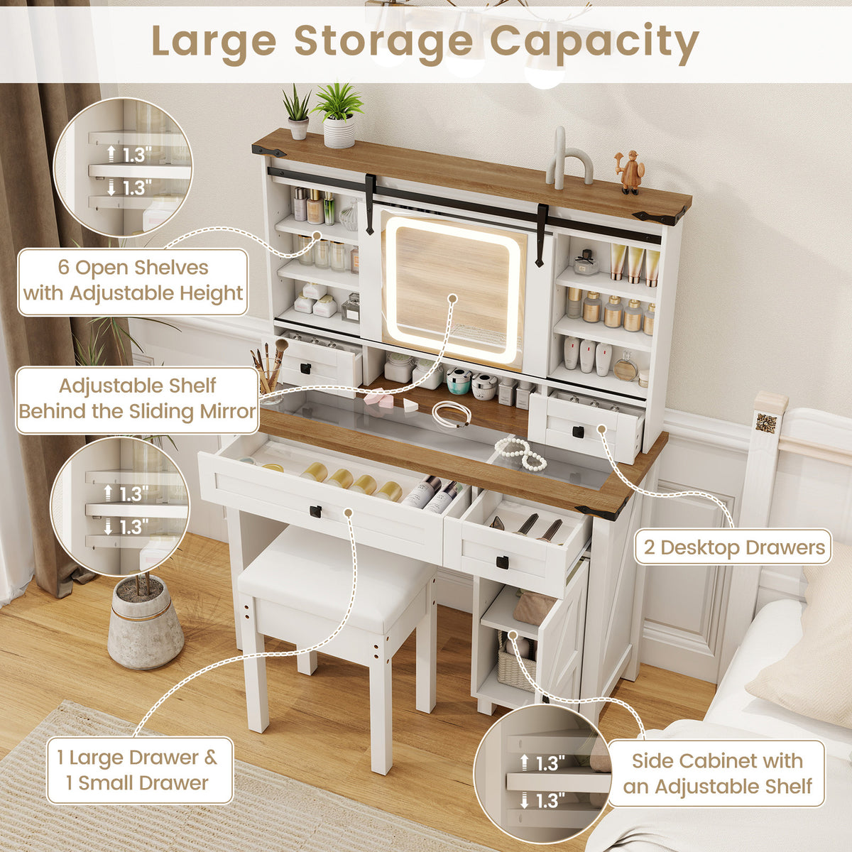 Farmhouse Vanity Desk with Sliding Mirror and Lights, Makeup Vanity Desk Set with Glass Desktop