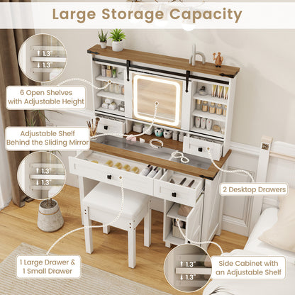 Farmhouse Vanity Desk with Sliding Mirror and Lights, Makeup Vanity Desk Set with Glass Desktop