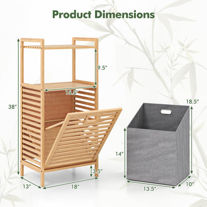 Tilt-out Laundry Hamper with 2-Tier Shelves, Bamboo Laundry Baskets Organizer with Removable & Foldable Fabric Liner