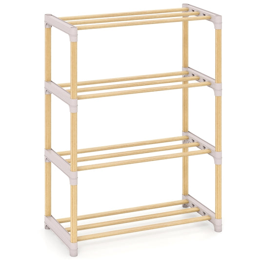4-Tier Shoe Rack, Solid Wood Freestanding Shoe Shelf Stand with Slatted Open Shelves