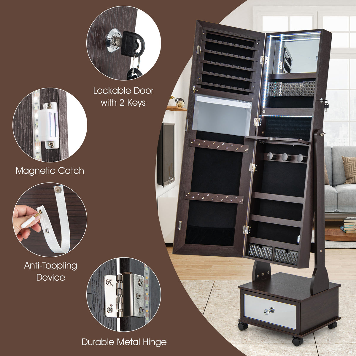 Standing Jewelry Cabinet Armoire with Wheels, Lockable Jewelry Storage Organizer with Full Length Mirror