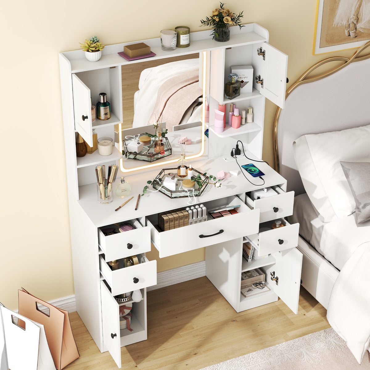Makeup Vanity Desk with Mirror and Lights, Dressing Table with Charging Station