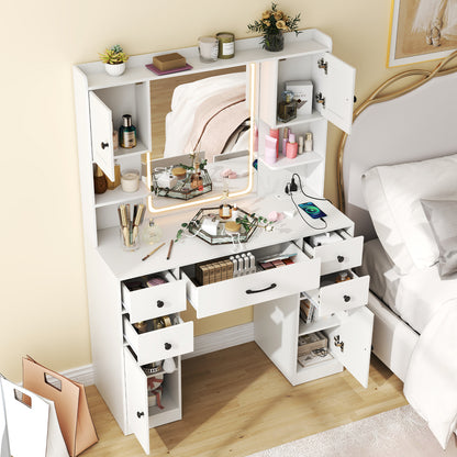Makeup Vanity Desk with Mirror and Lights, Dressing Table with Charging Station