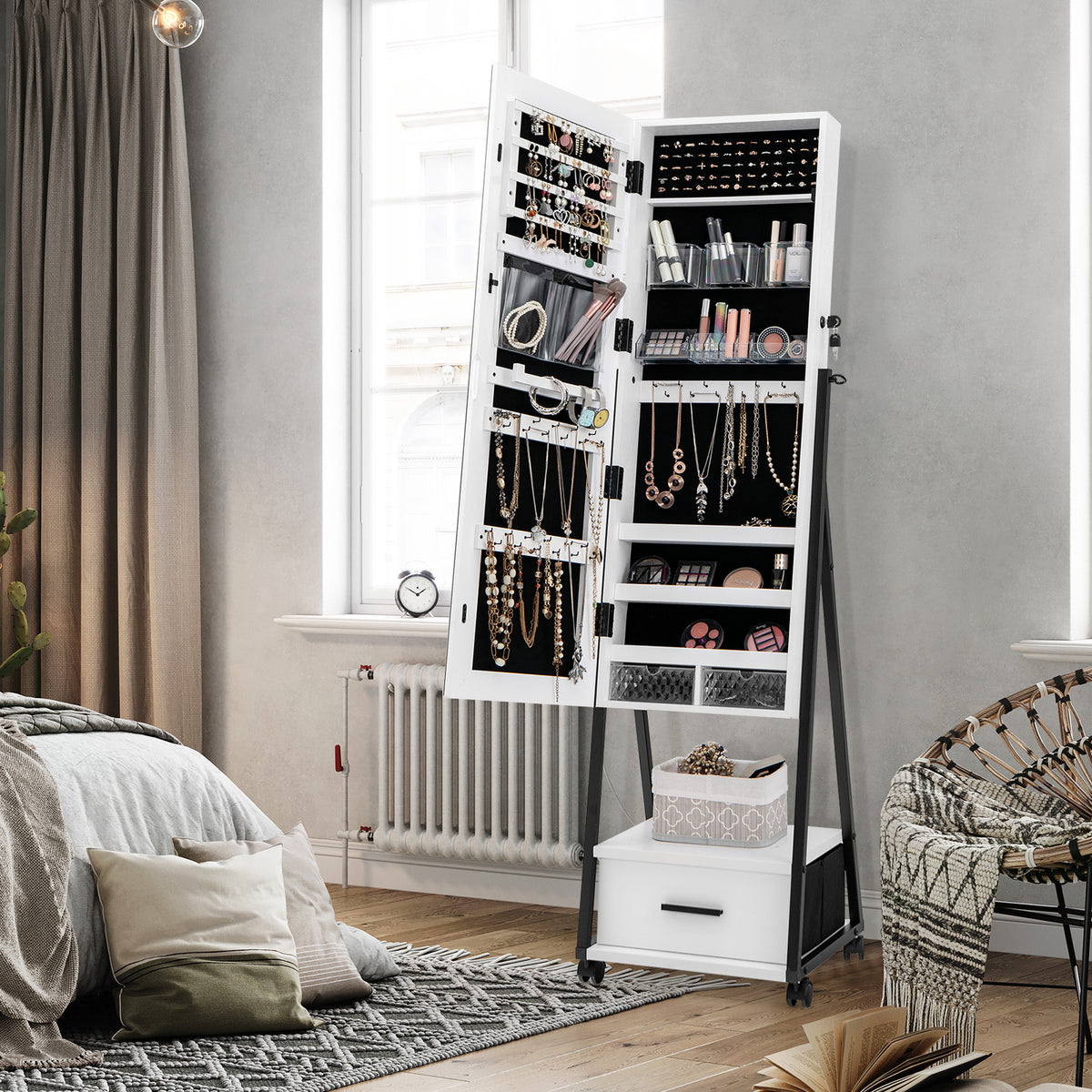 Rolling Jewelry Armoire Cabinet, Full Length Mirror with Storage, Floor Standing Lockable Jewelry Cabinet with Wheels