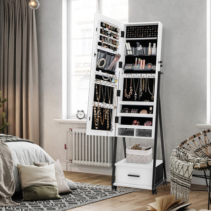 Rolling Jewelry Armoire Cabinet, Full Length Mirror with Storage, Floor Standing Lockable Jewelry Cabinet with Wheels
