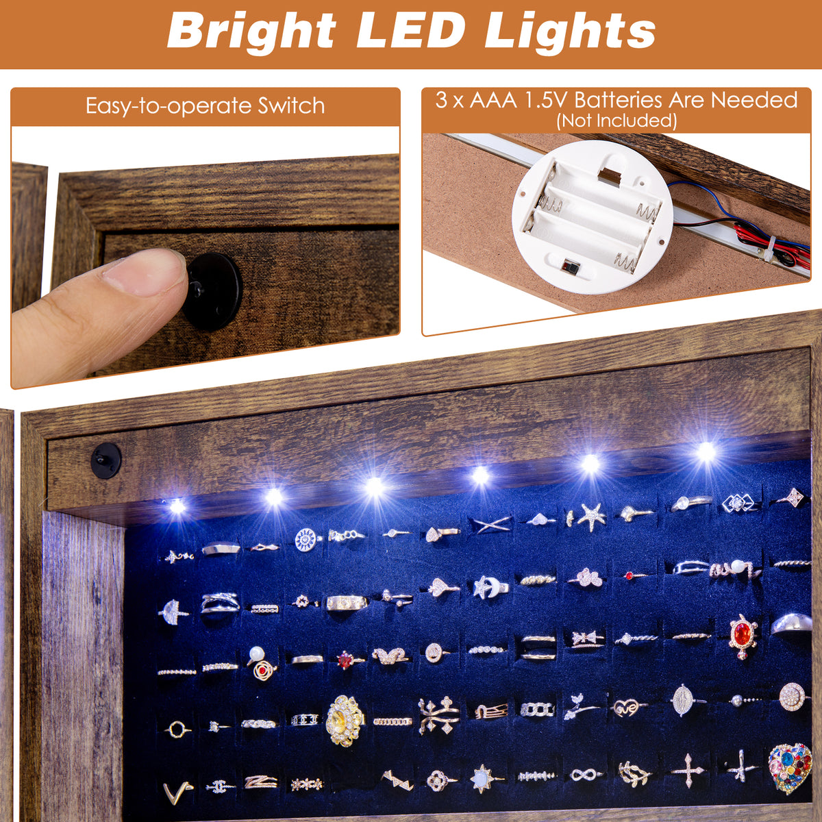 Jewelry Cabinet Freestanding, Lockable Jewelry Armoire Organizer with Full-length Frameless Mirror