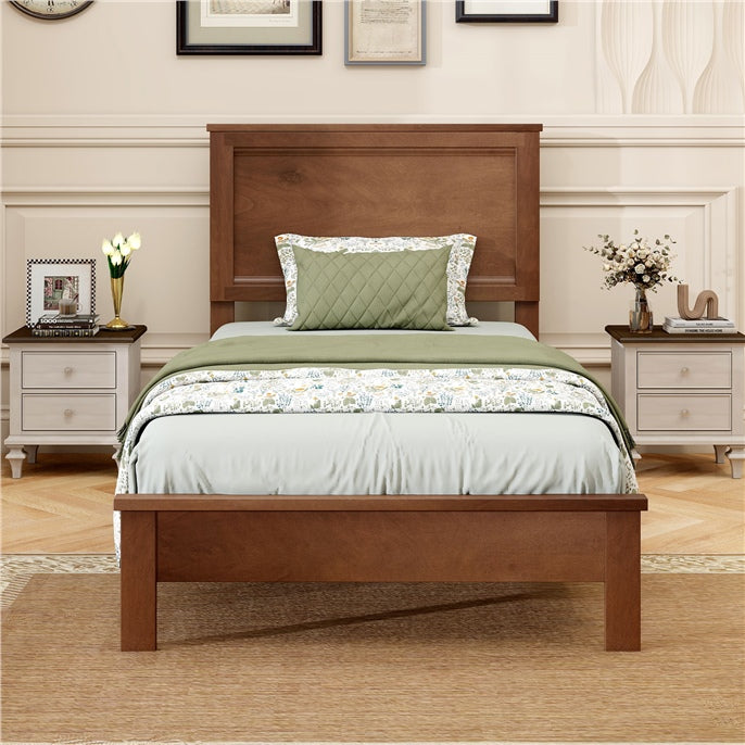 Twin Size Wood Bed Frame, Mid-Century Modern Platform Bed with Headboard