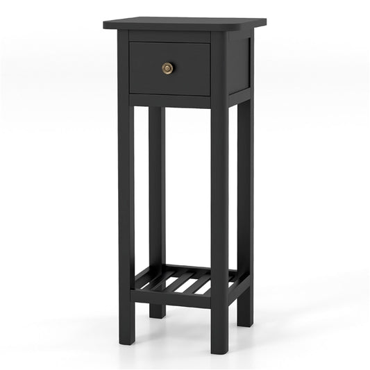 Narrow Side Table, Small End Table with Drawer & Shelf, Farmhouse Acacia Wood Tall Sofa Side Table