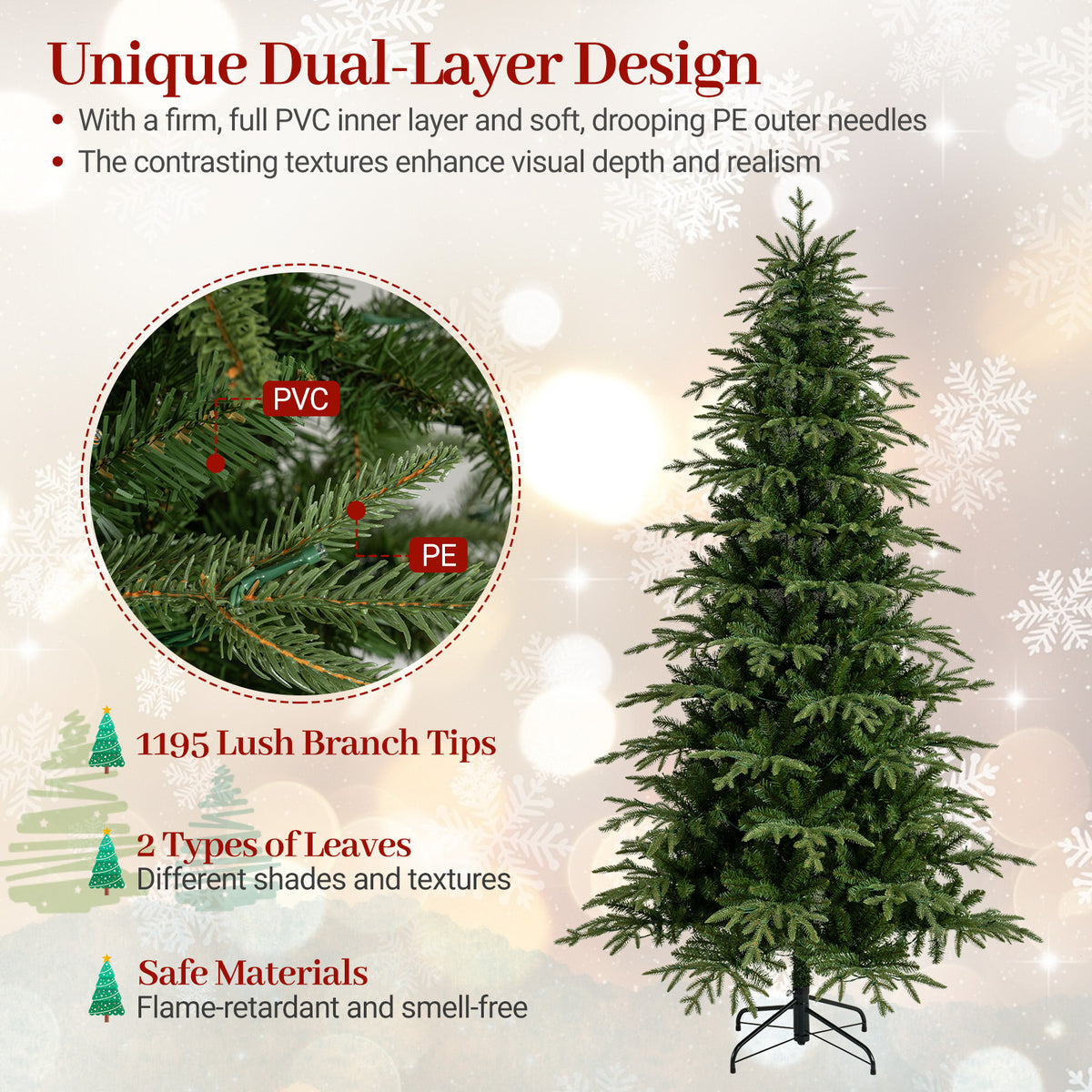 6FT/7.5FT/8FT Pre-lit Artificial Christmas Tree, Hinged Xmas Tree with 1195 Branch Tips