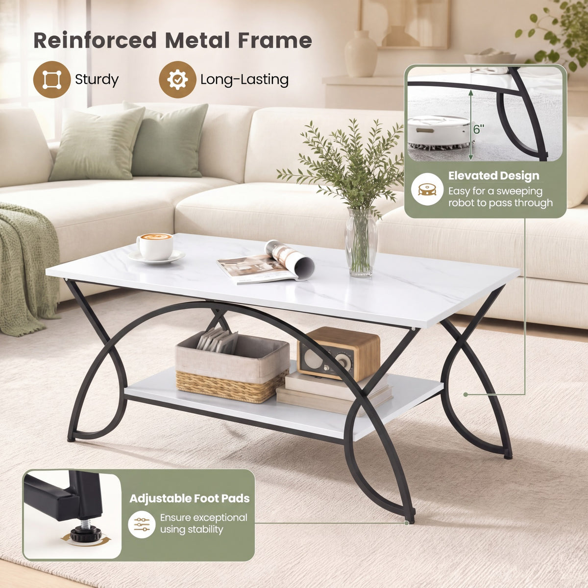 Industrial Coffee Table, 2-Tier Rectangular Center Table with Storage Shelf