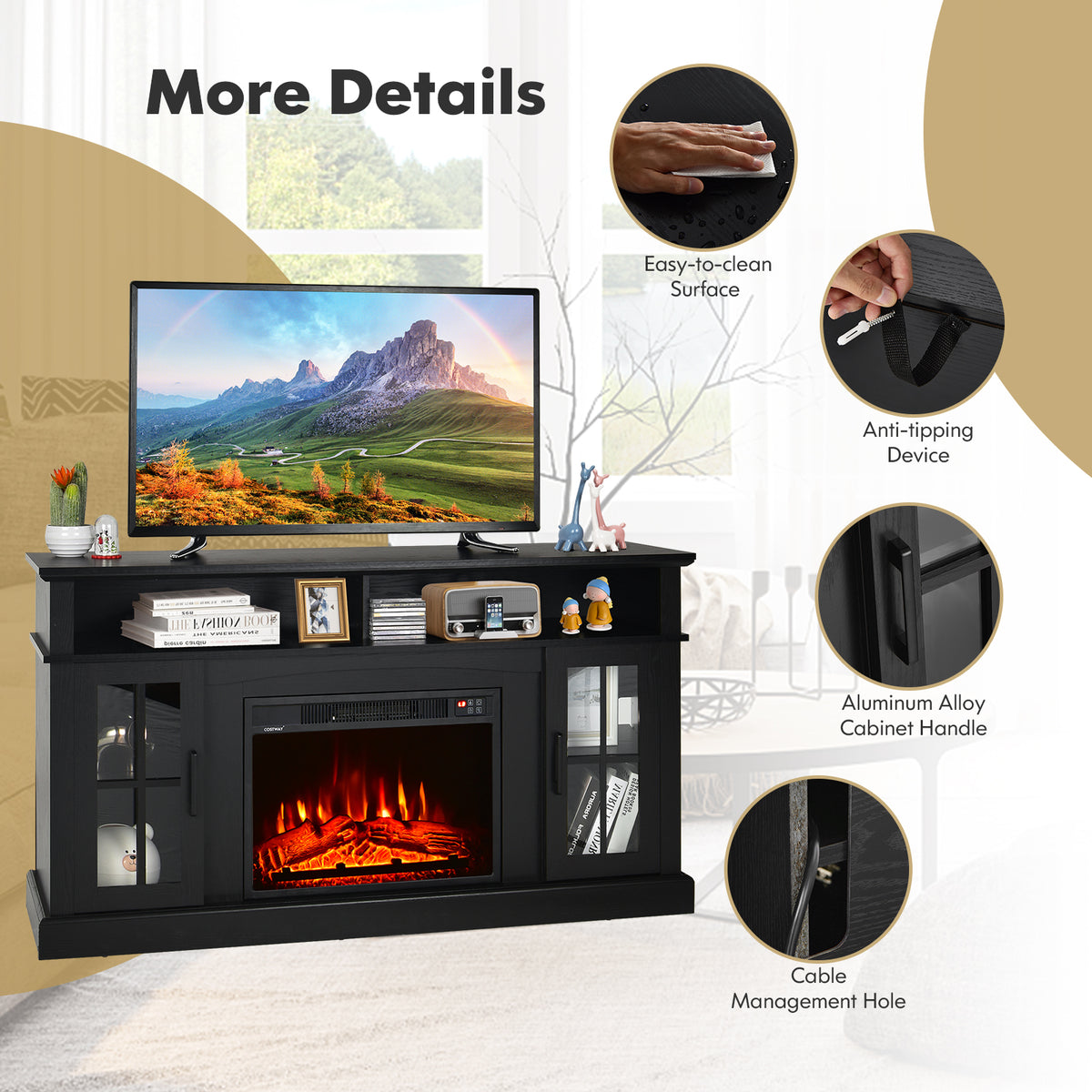 58" TV Stand with Electric Fireplace Insert, Fireplace Entertainment Center with Side Cabinets & Adjustable Shelves