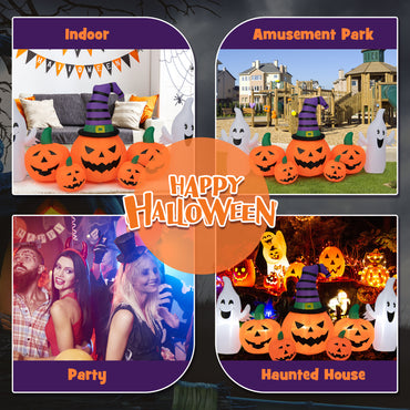 9FT Long Halloween Inflatable Pumpkin with 2 Ghosts, Blow up Yard Decoration with Built-in LED Lights