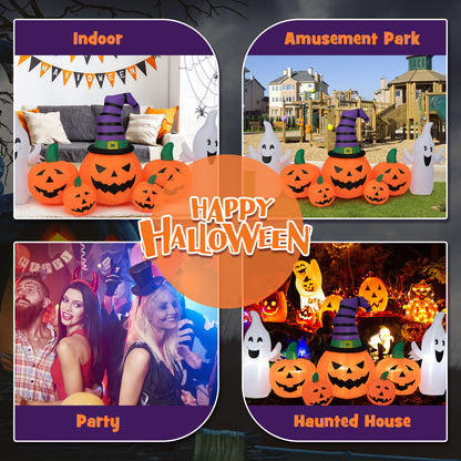 9FT Long Halloween Inflatable Pumpkin with 2 Ghosts, Blow up Yard Decoration with Built-in LED Lights