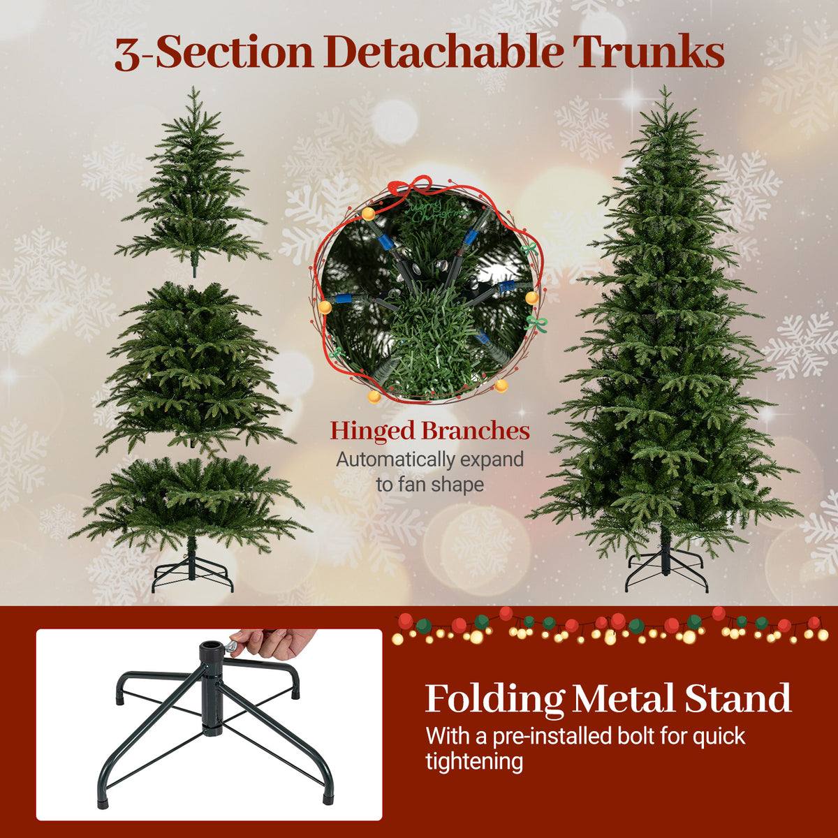6FT/7.5FT/8FT Pre-lit Artificial Christmas Tree, Hinged Xmas Tree with 1195 Branch Tips