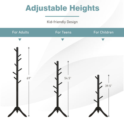 Coat Rack Freestanding, Wooden Entryway Coat Tree Hanger with 8 Hooks and 4 Sections