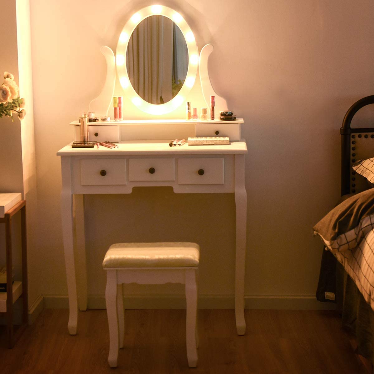 Vanity Set with 360° Rotating Oval Makeup Mirror, Dressing Table & Cushioned Stool Set with 5 Sliding Drawers & 12 LED Lights