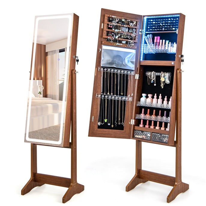 Jewelry Cabinet Armoire with Full Length Mirror, Freestanding Jewelry Cabinet with 3-Color LED Lights
