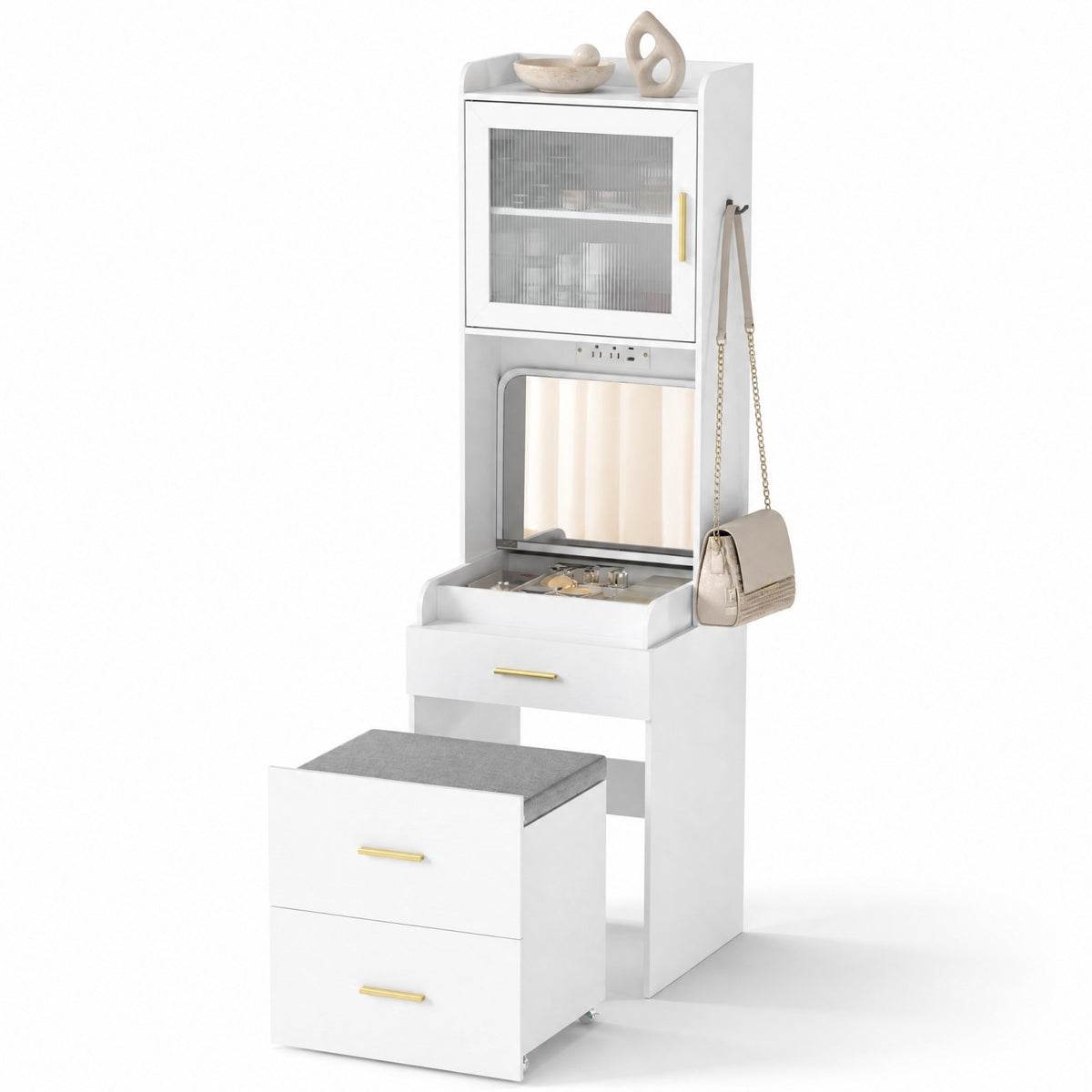 3-in-1 Vanity Desk with Flip Top Mirror, Hidden Rolling Chair, Charging Station