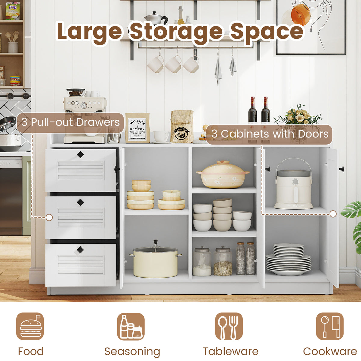 63” Buffet Cabinet with Storage, Large Sideboard with 3 Doors & 3 Drawers