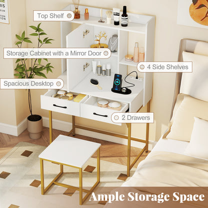Vanity Desk Set with Charging Station, Modern Dressing Table with Mirror Cabinet