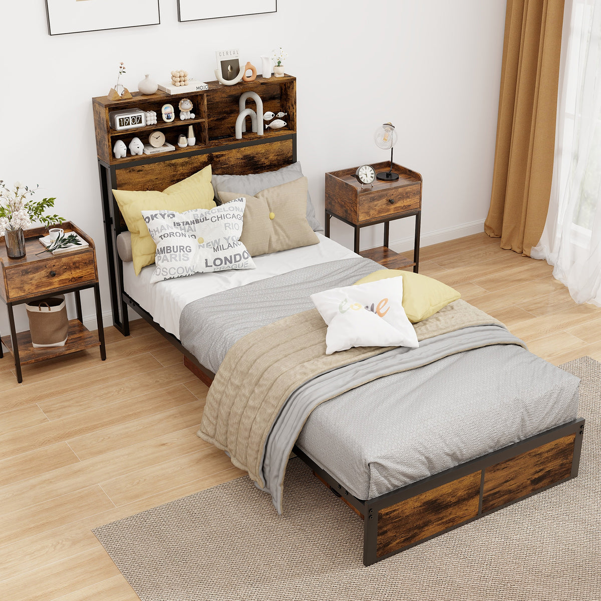 Full Size Bed Frame with Storage Headboard, Metal Platform Bed Base with Charging Station & Under Bed Storage