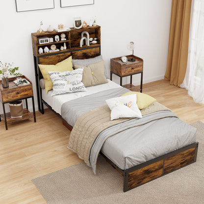 Full Size Bed Frame with Storage Headboard, Metal Platform Bed Base with Charging Station & Under Bed Storage