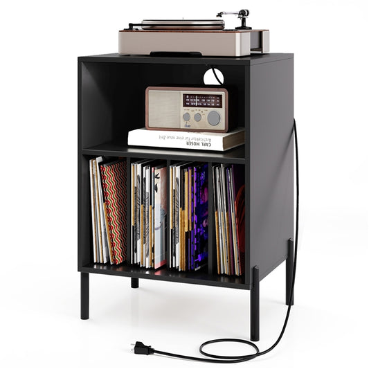 Record Player Stand with Charging Station, Turntable Stand Holds Up to 150 Albums
