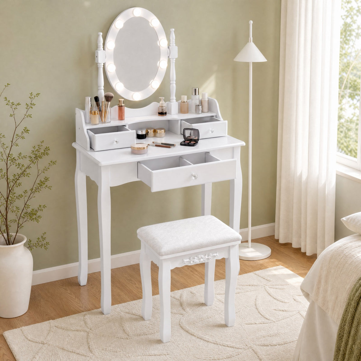 Vanity Table Set with Rotatable Mirror, Makeup Vanity Desk with 3-Color Dimmable LED Lights