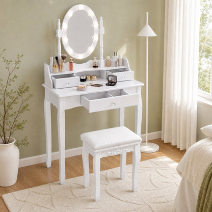 Vanity Table Set with Rotatable Mirror, Makeup Vanity Desk with 3-Color Dimmable LED Lights