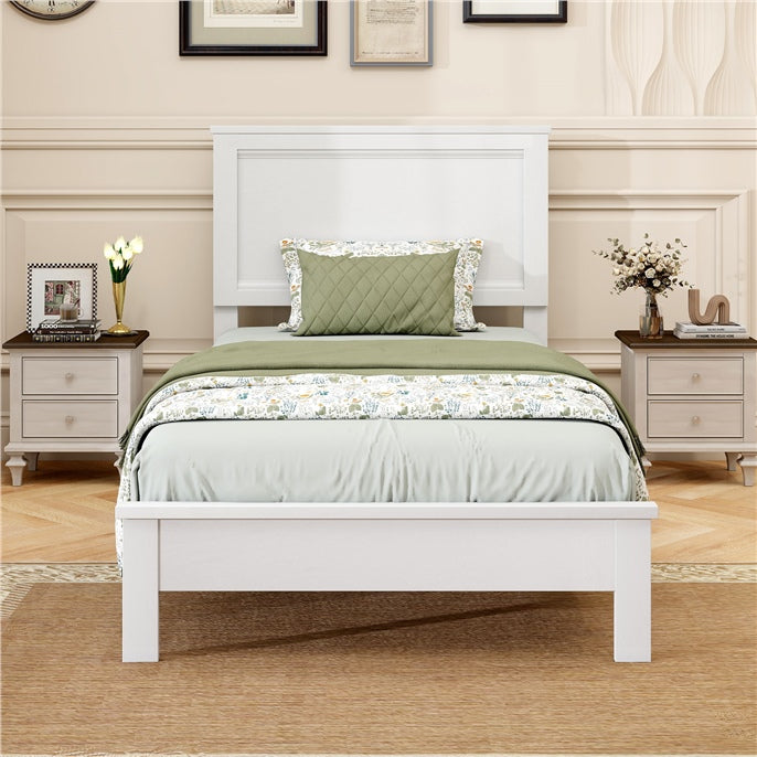 Twin Size Wood Bed Frame, Mid-Century Modern Platform Bed with Headboard