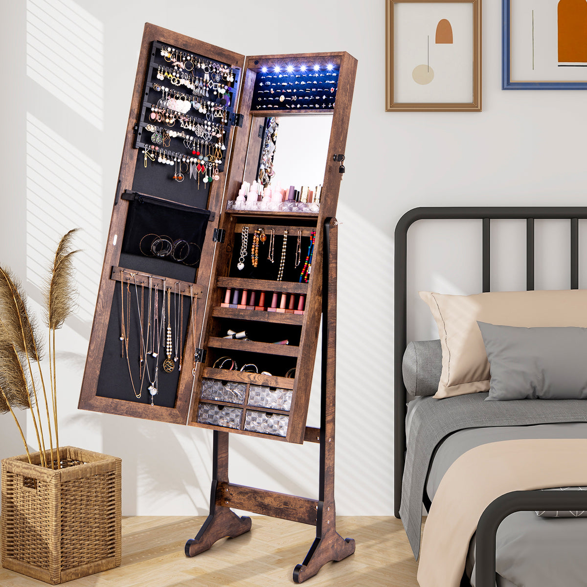 Jewelry Cabinet Freestanding, Lockable Jewelry Armoire Organizer with Full-length Frameless Mirror