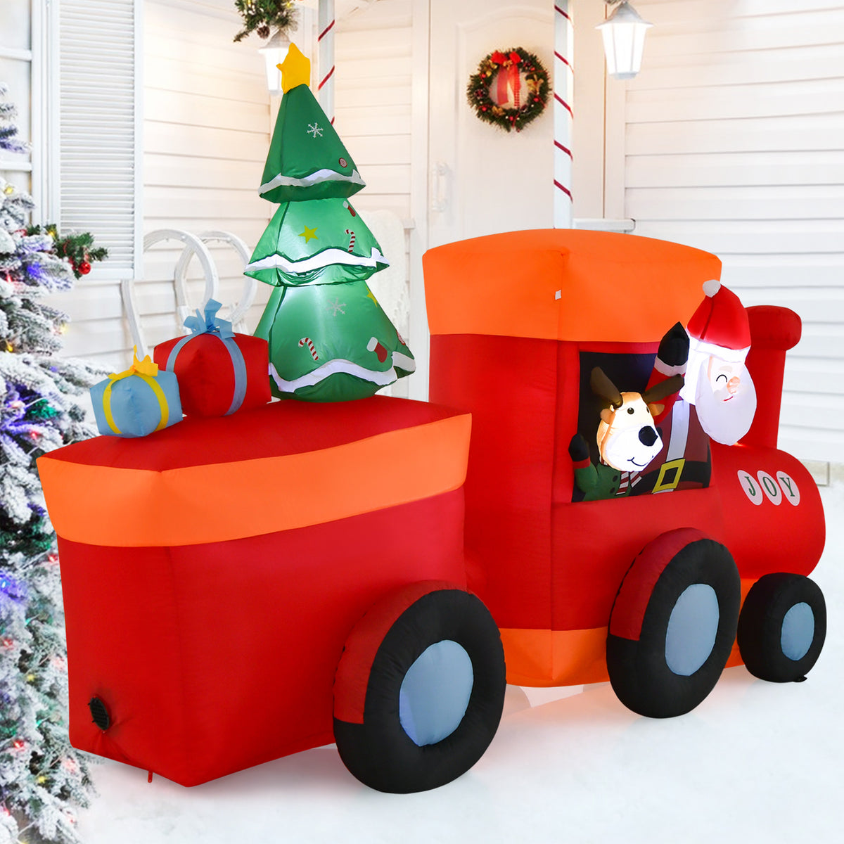8.5FT Christmas Inflatable Train Decoration, Lighted Christmas Train with Santa Claus
