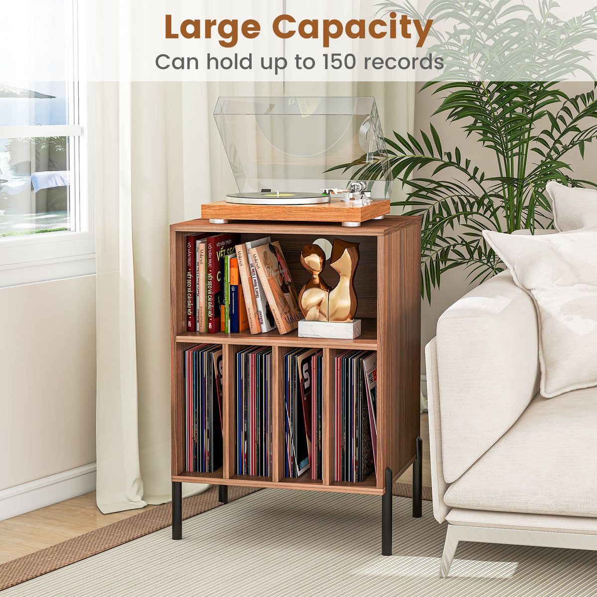 Record Player Stand with Charging Station, Turntable Stand Holds Up to 150 Albums
