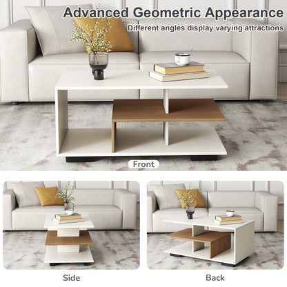 Rectangular Coffee Table for Living Room, 3-Tier Wood Center Table with Storage
