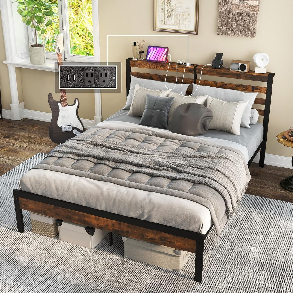 Goflame Queen Metal Platform Bed Frame with Wooden Headboard & Footboard, Rustic Brown
