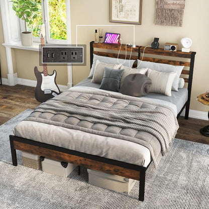 Goflame Queen Metal Platform Bed Frame with Wooden Headboard & Footboard, Rustic Brown