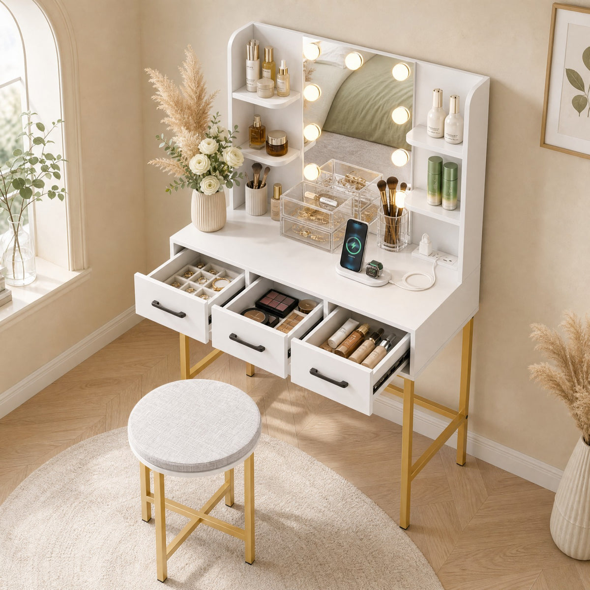 Vanity Desk with Lights & Charging Station, White & Gold Makeup Vanity with Chair