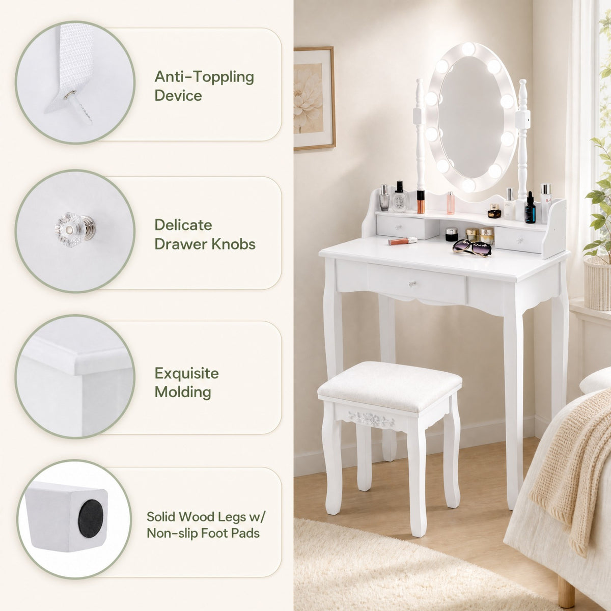 Vanity Table Set with Rotatable Mirror, Makeup Vanity Desk with 3-Color Dimmable LED Lights