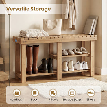 Wooden Shoe Rack Bench, 3-Tier Free Standing Entryway Bench Seat with Slatted Shelves