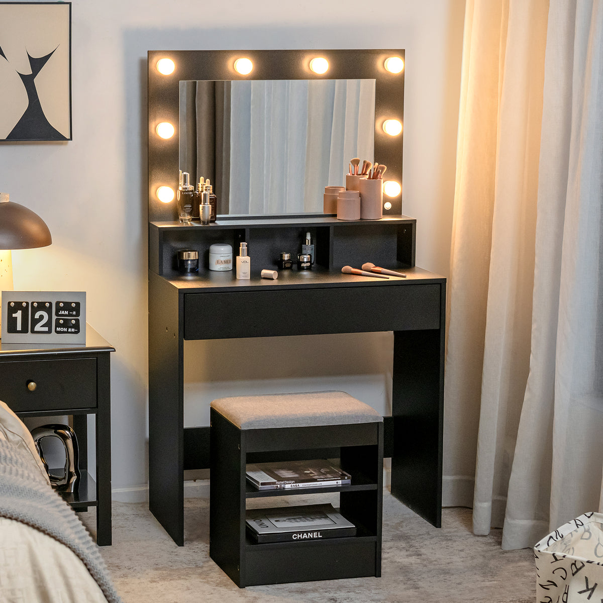 Vanity Table Set with Lighted Mirror, Makeup Dressing Desk with LED Lights