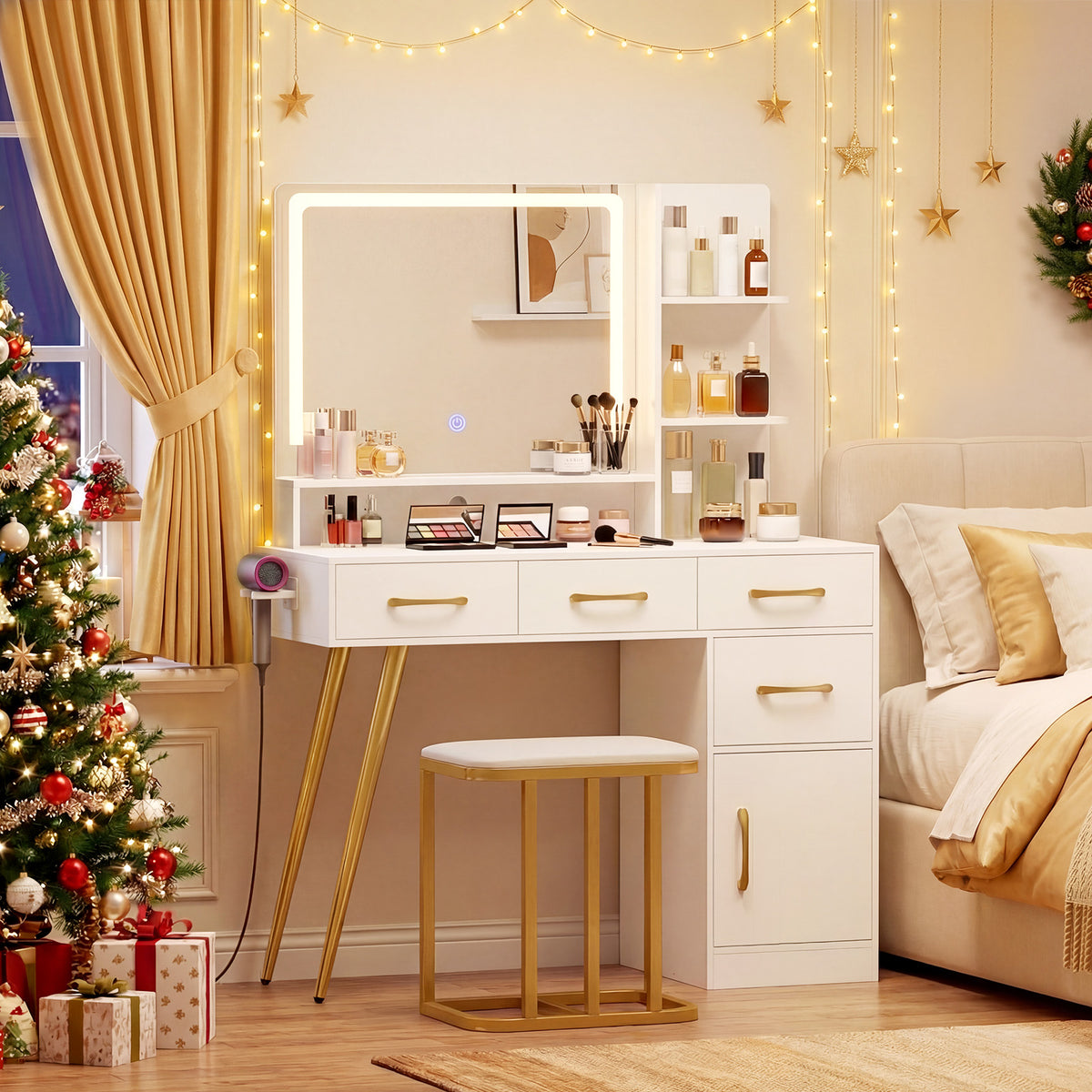 Vanity Desk with Mirror LED Light & Power Outlet, Modern Makeup Vanity Set with 3-Tier Shelves