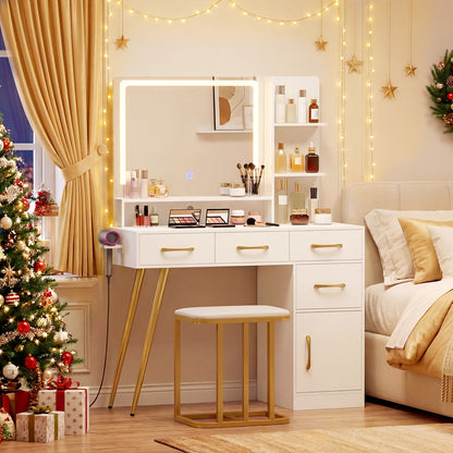 Vanity Desk with Mirror LED Light & Power Outlet, Modern Makeup Vanity Set with 3-Tier Shelves