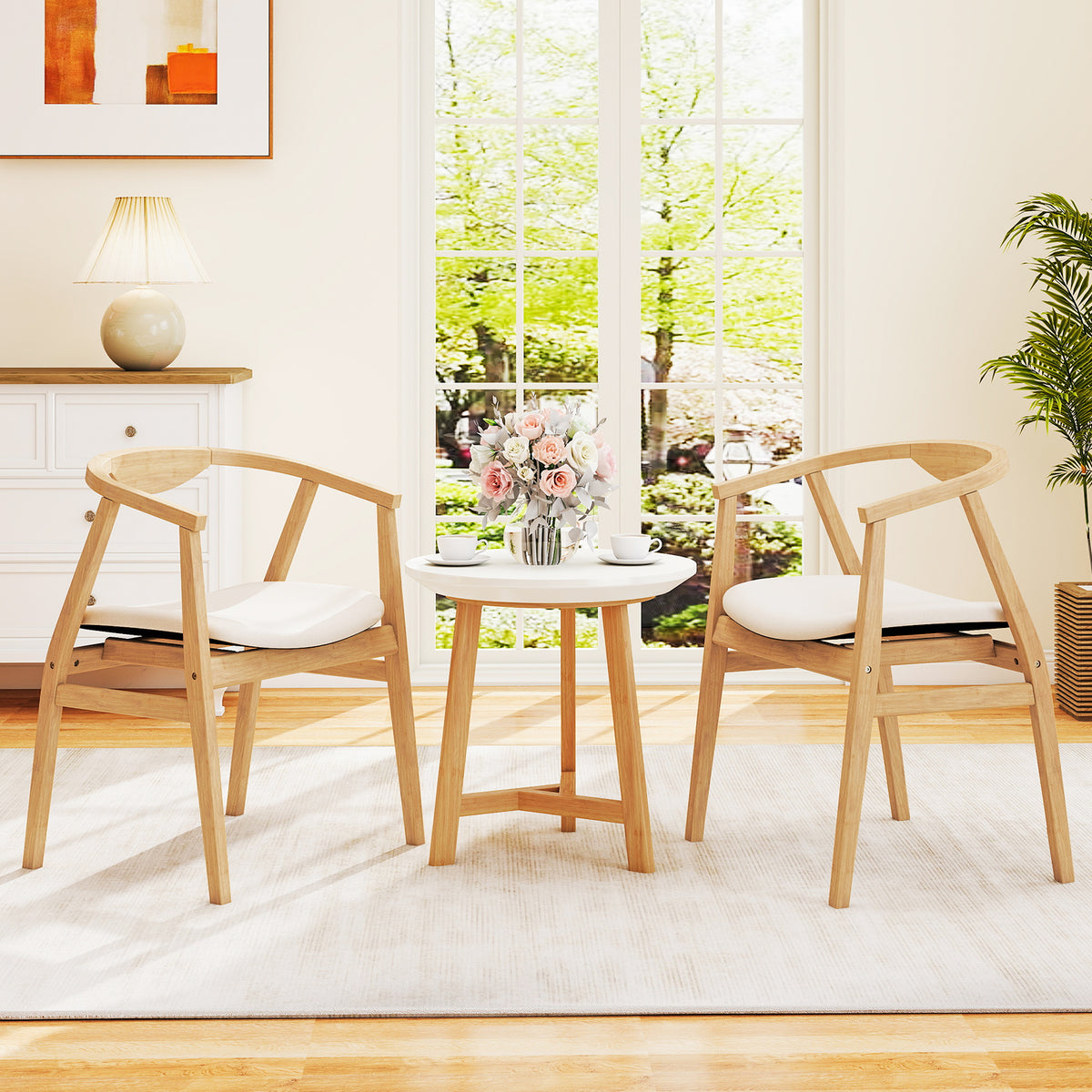 Bamboo Accent Chair, Mid-Century Modern Armchair with Padded Seat, Curved Backrest and Wrap-Around Armrest