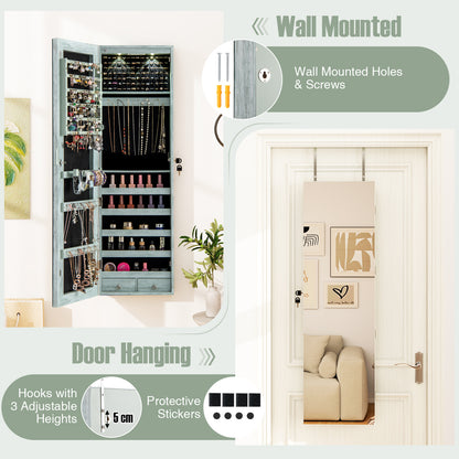 Jewelry Cabinet Wall Door Mounted, 47.5” Frameless Full Length Mirror with Storage & LED Lights