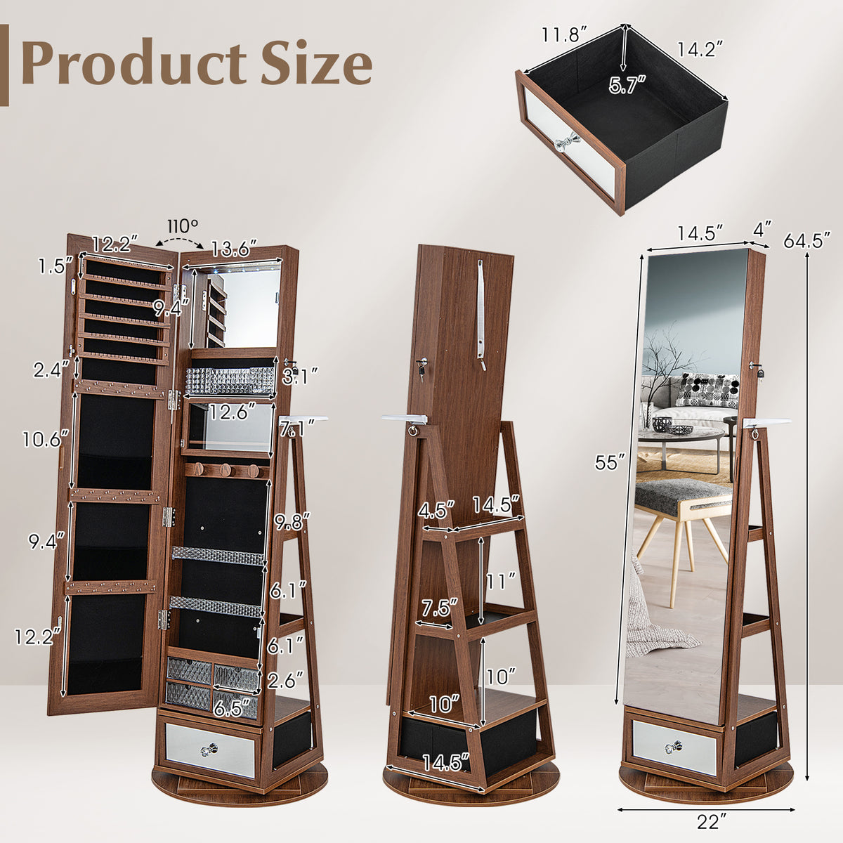 360 Rotating Jewelry Cabinet with Full Length Mirror, Standing LED Jewelry Armoire