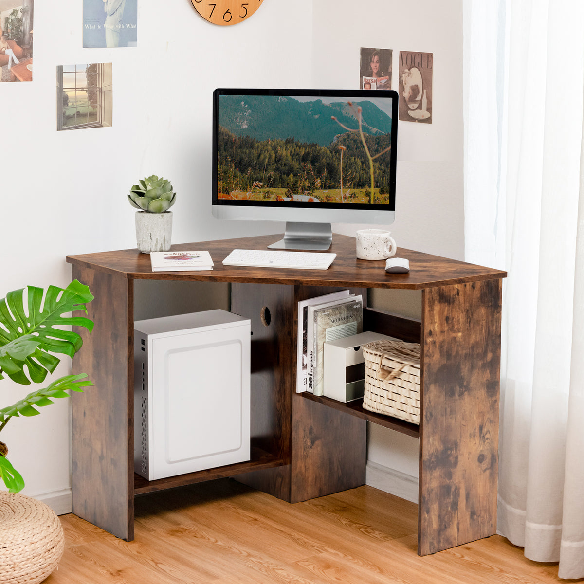 Corner Desk with Storage Shelves, Triangular Computer Desk with Cable Management Holes
